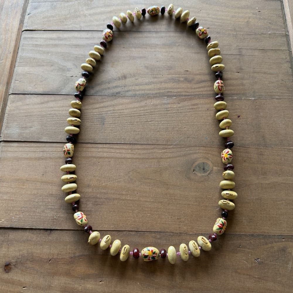Vintage 1970s Jobs Tears Natural Seed Bead Necklace Hand Painted Floral Folk Art